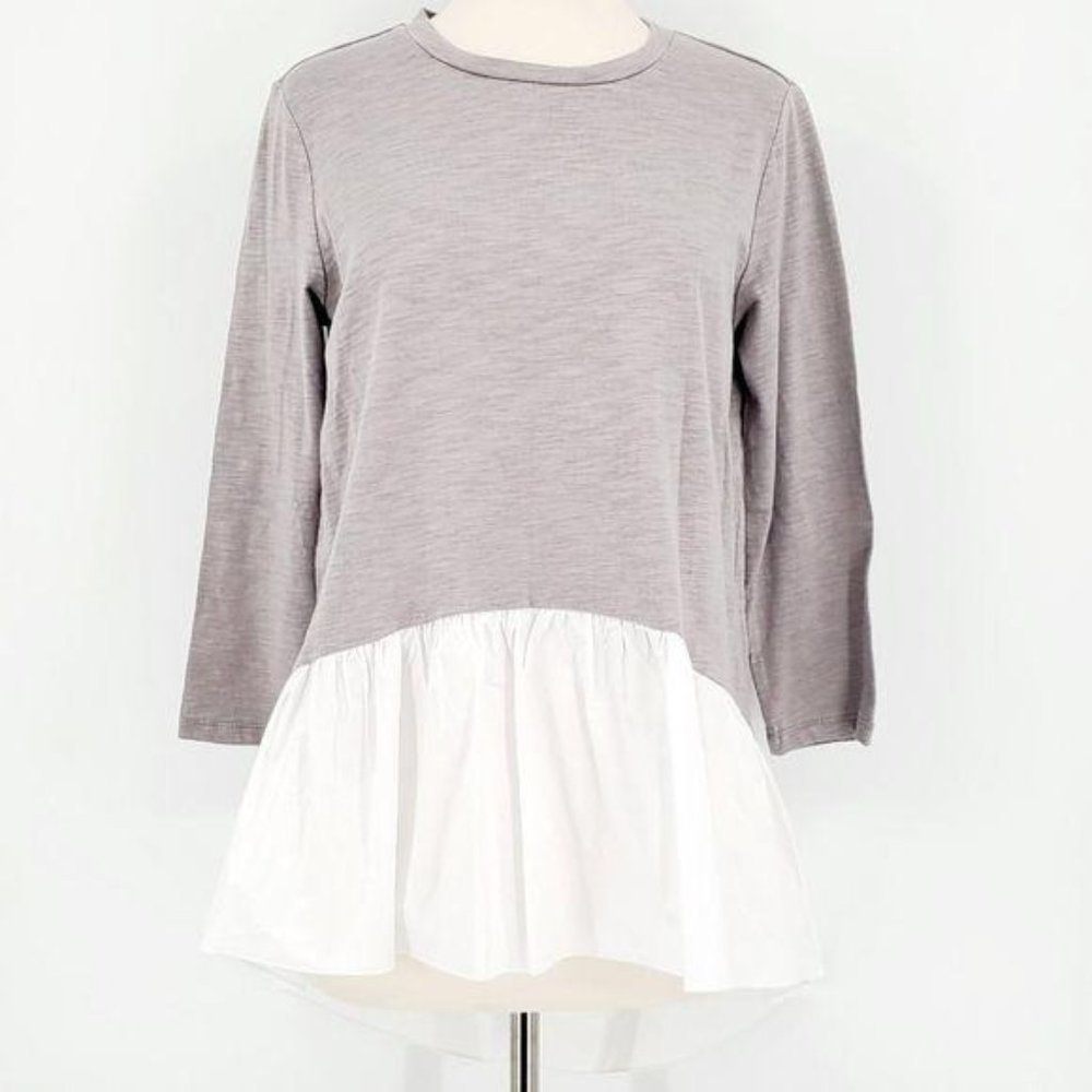 English Factory Gray Jersey White Poplin Peplum Ruffle Cotton Shirt Top Small